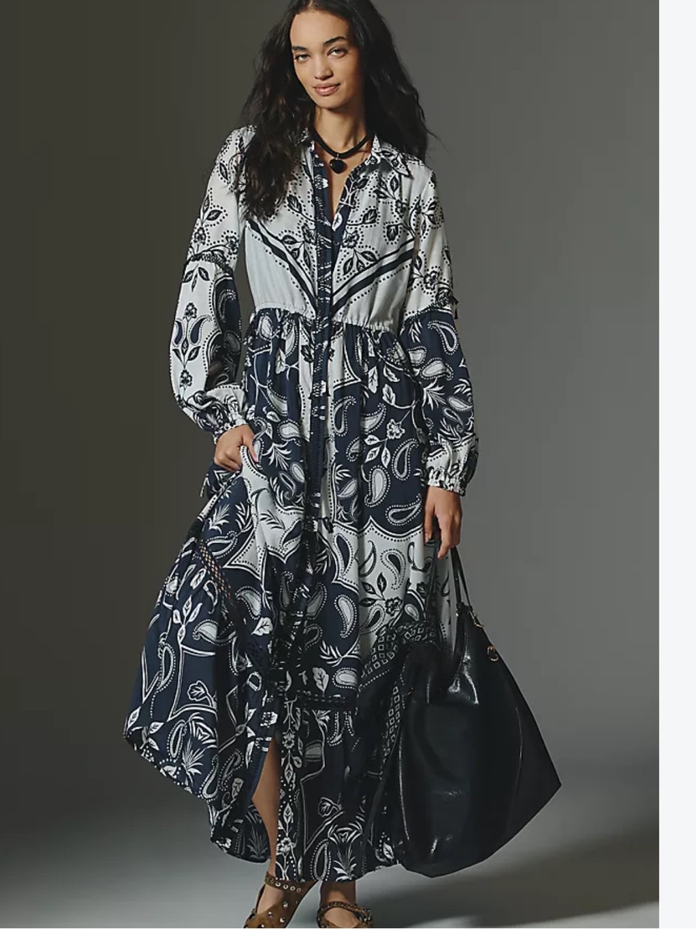 Anthropologie Eleanora Navy and White Paisley Maxi Dress